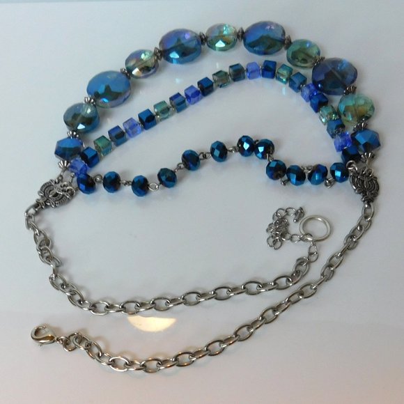 Strand Blue Swarovski Crystal Glass  Bead Necklace Adjusts Chain - Picture 4 of 6